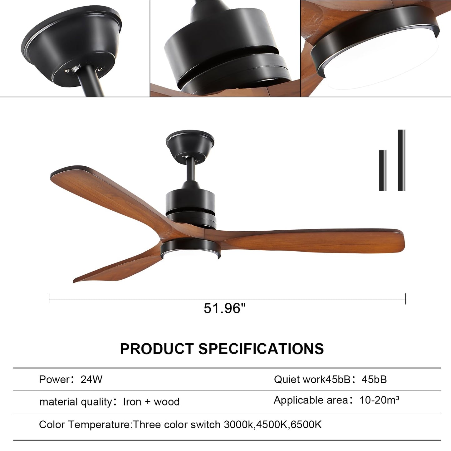 52” Ceiling Fans with Lights with Remote Control,Indoor Wood Ceiling Fan with 3 Blade for Patio Living Room, Bedroom, Office, Summer House, Etc