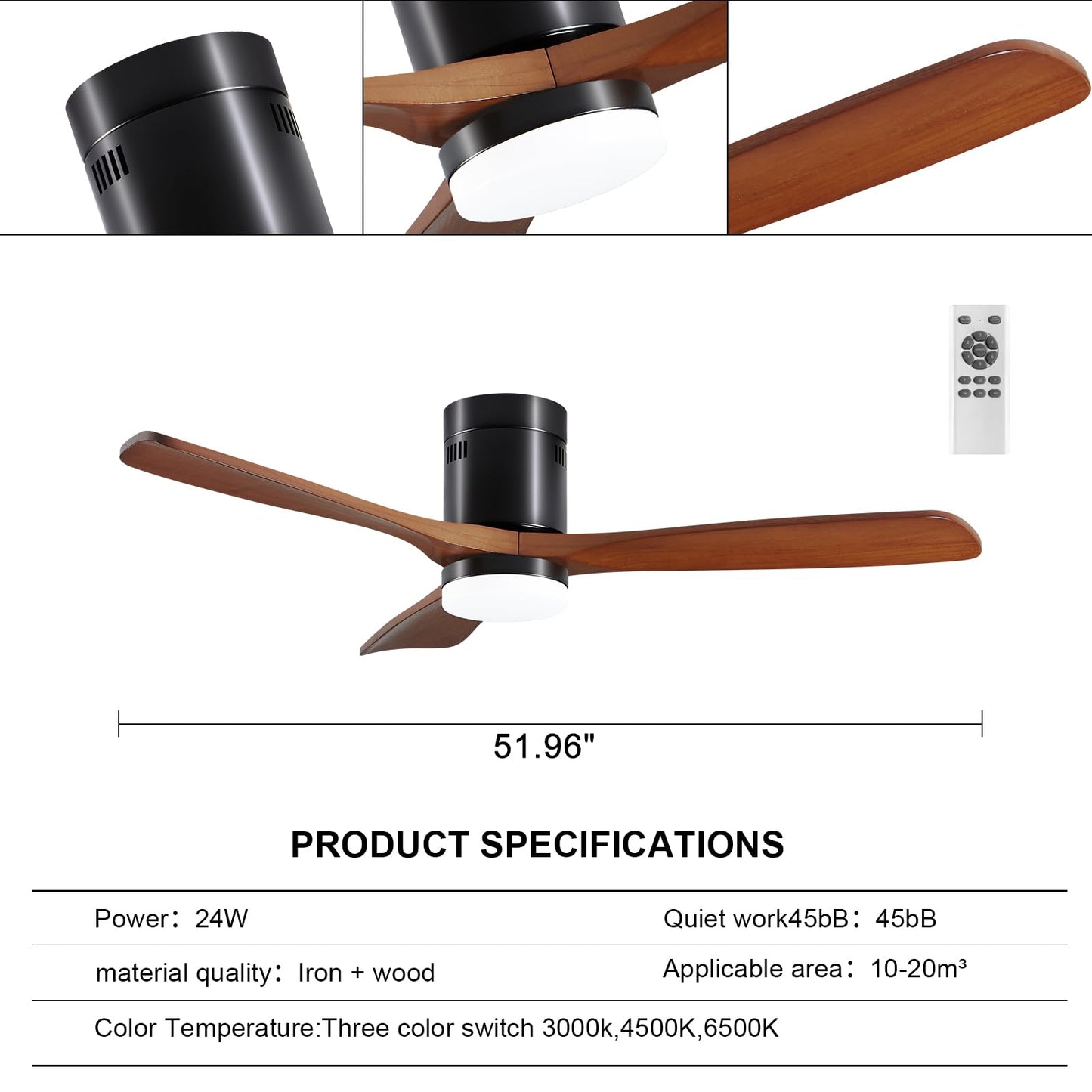 52” Ceiling Fans with Lights with Remote Control,Indoor Wood Ceiling Fan with 3 Blade for Patio Living Room, Bedroom, Office, Summer House, Etc