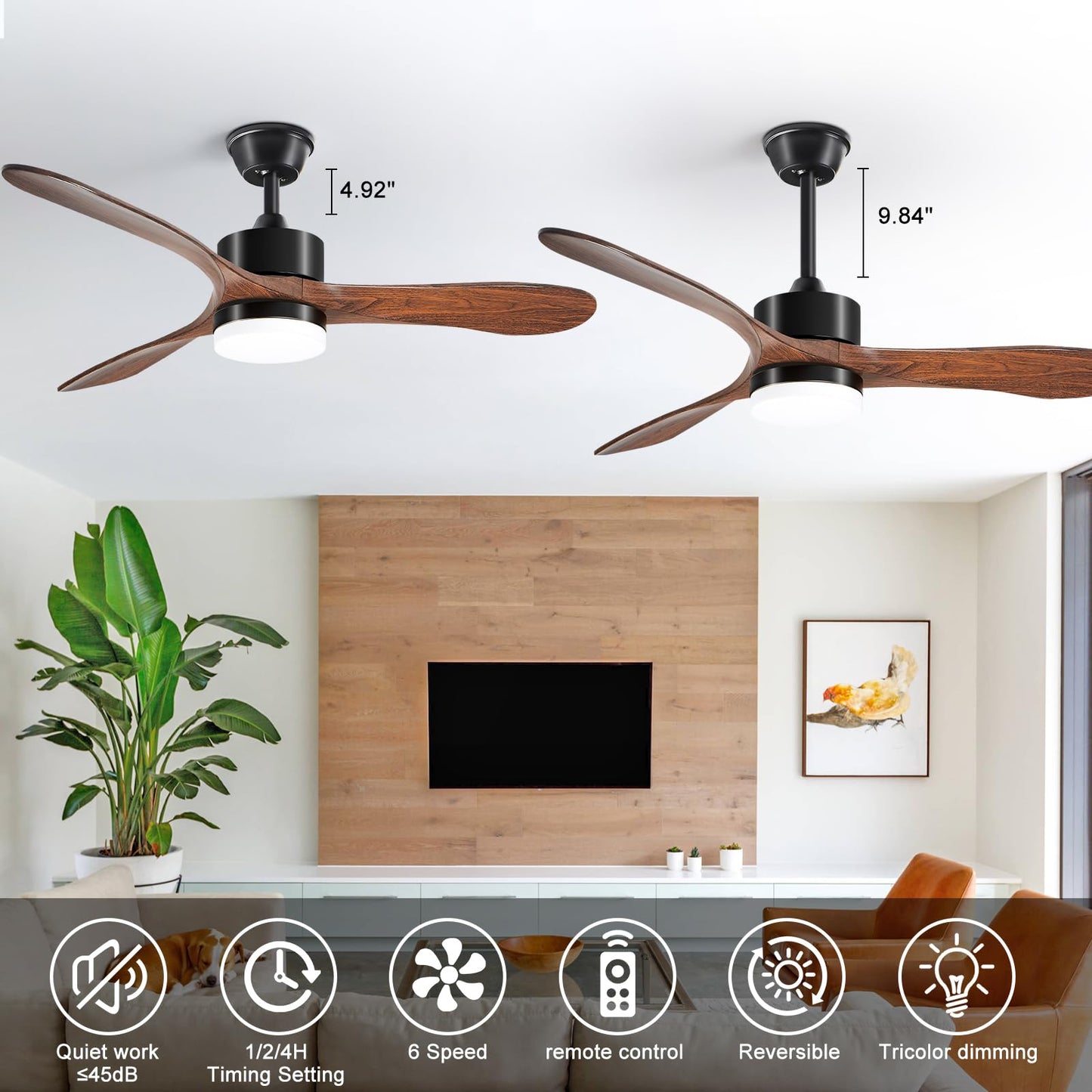 52” Ceiling Fans with Lights with Remote Control,Indoor Wood Ceiling Fan with 3 Blade for Patio Living Room, Bedroom, Office, Summer House, Etc