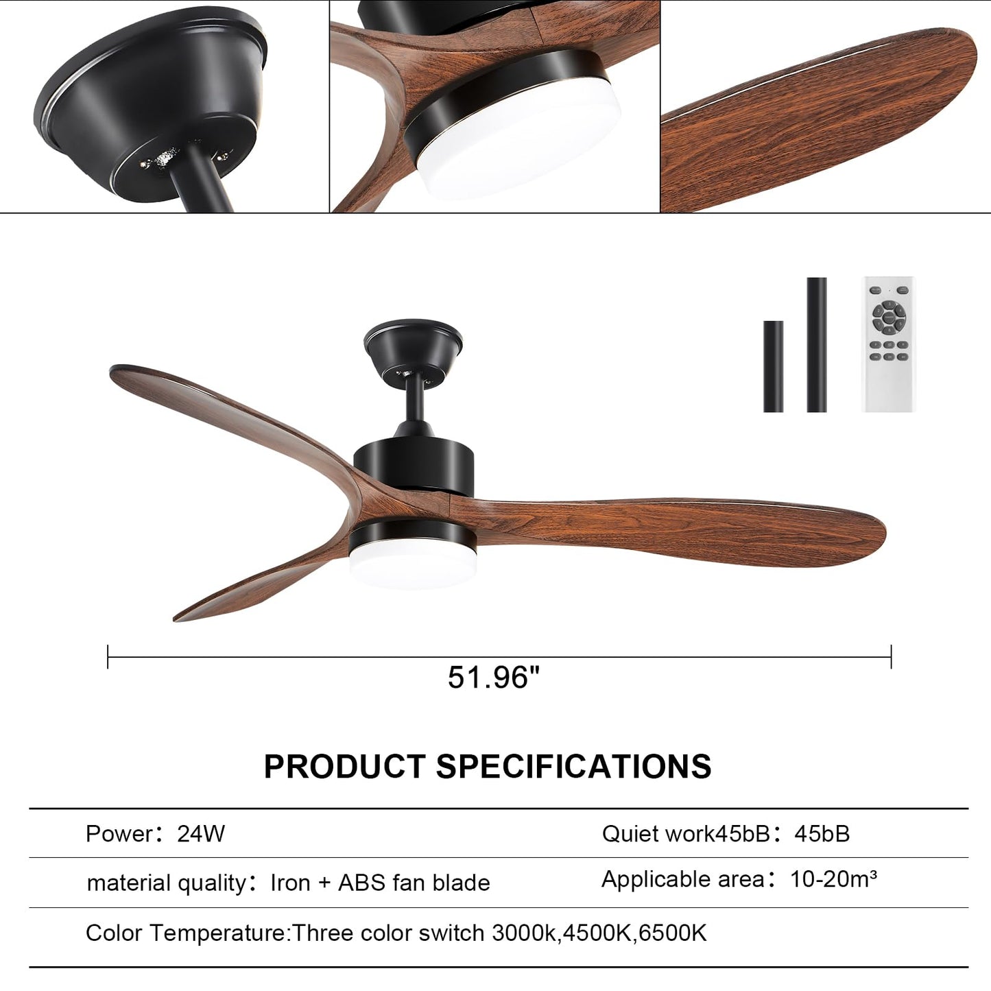 52” Ceiling Fans with Lights with Remote Control,Indoor Wood Ceiling Fan with 3 Blade for Patio Living Room, Bedroom, Office, Summer House, Etc