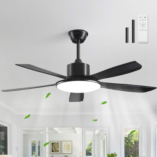 52 Inch Low Profile Ceiling Fans With Lights and Remote, LED Flush Mount Black Ceiling Fan with Quiet DC Motor, Dimmable 6 Speeds Reversible Modern Ceiling Fan for Bedroom, Living Room