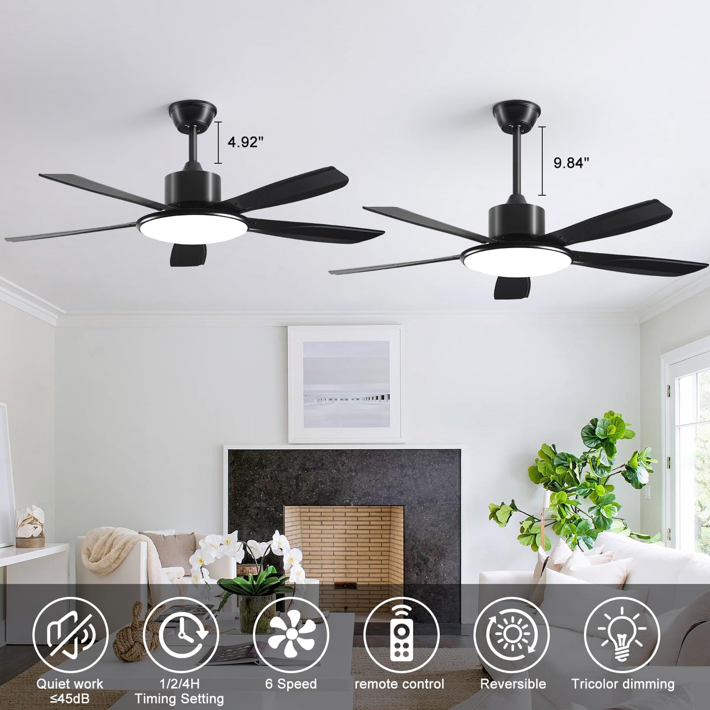 52 Inch Low Profile Ceiling Fans With Lights and Remote, LED Flush Mount Black Ceiling Fan with Quiet DC Motor, Dimmable 6 Speeds Reversible Modern Ceiling Fan for Bedroom, Living Room