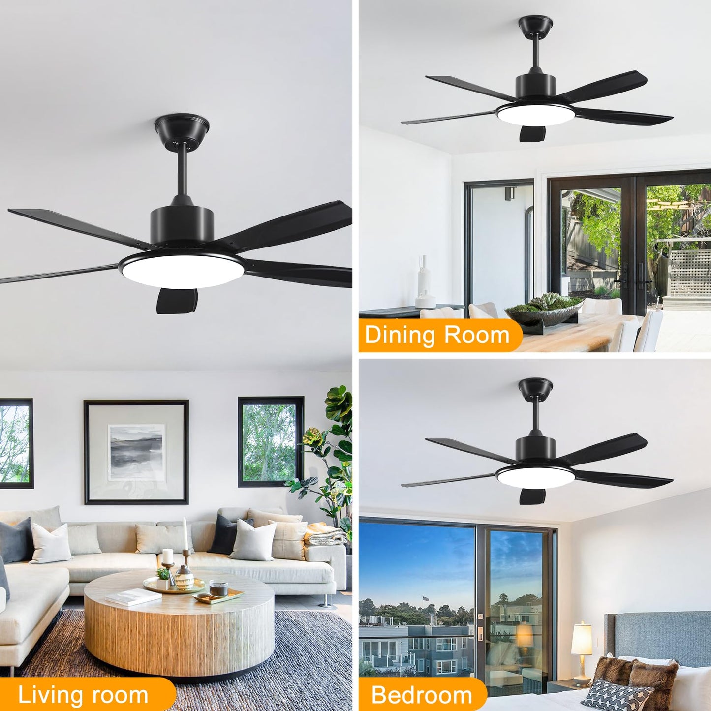 52 Inch Low Profile Ceiling Fans With Lights and Remote, LED Flush Mount Black Ceiling Fan with Quiet DC Motor, Dimmable 6 Speeds Reversible Modern Ceiling Fan for Bedroom, Living Room