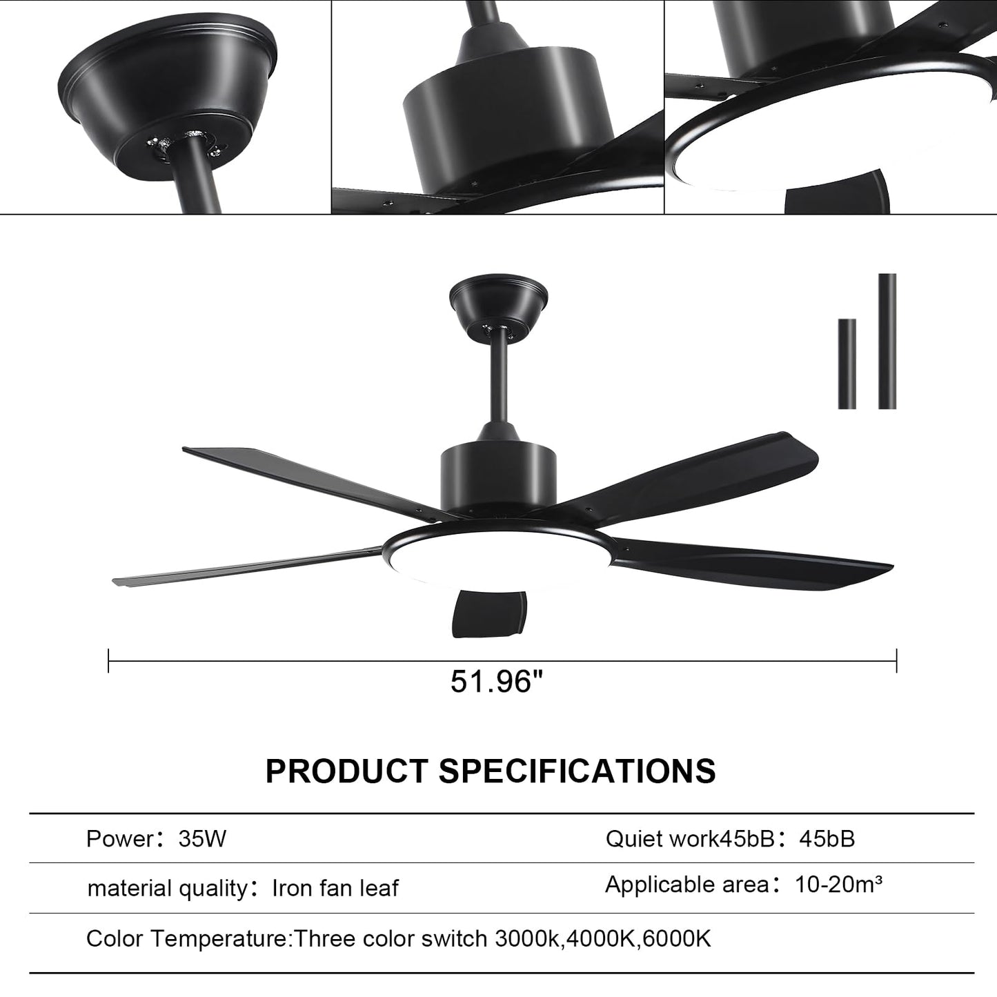 52 Inch Low Profile Ceiling Fans With Lights and Remote, LED Flush Mount Black Ceiling Fan with Quiet DC Motor, Dimmable 6 Speeds Reversible Modern Ceiling Fan for Bedroom, Living Room