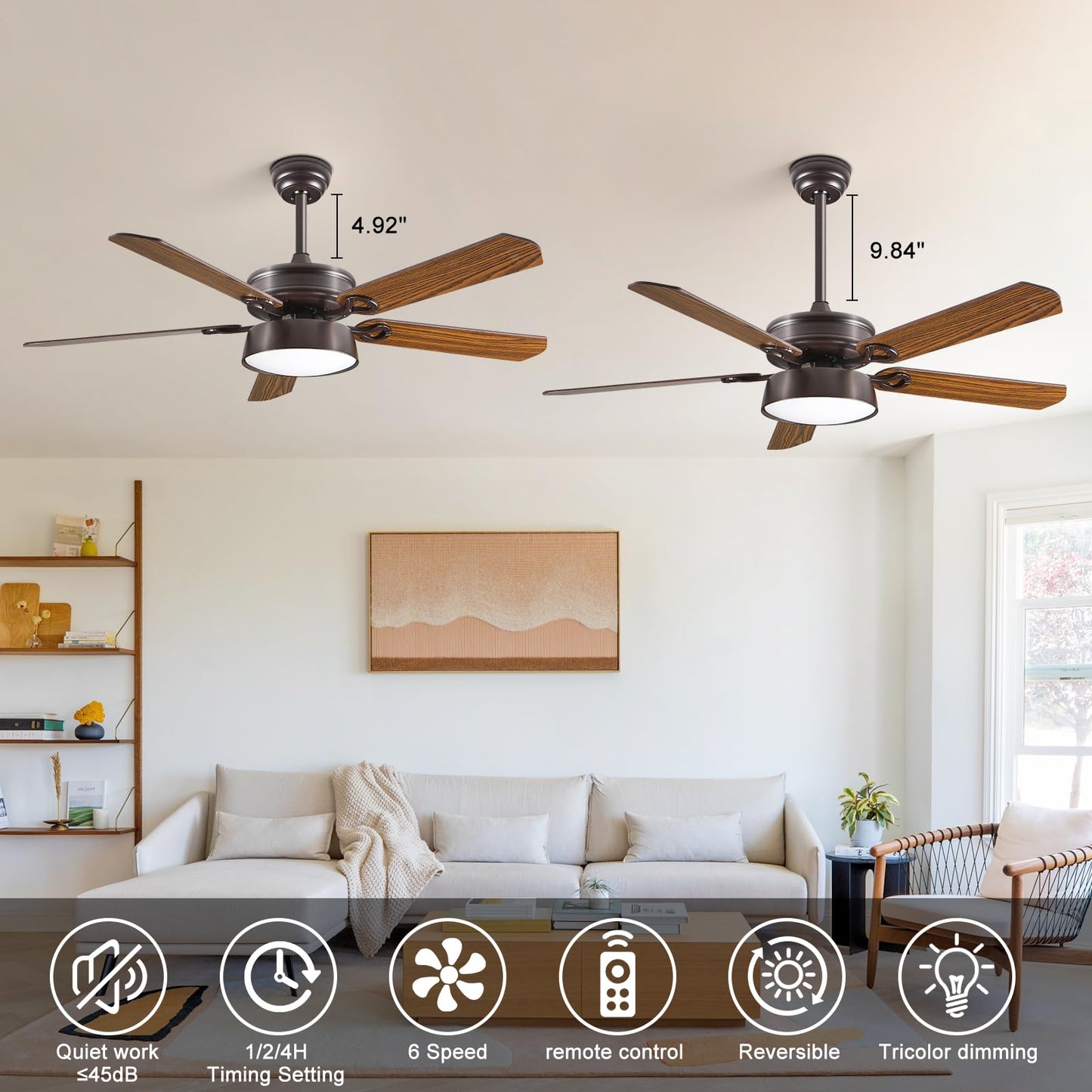 52 Inch Low Profile Ceiling Fans With Lights and Remote, LED Flush Mount Black Ceiling Fan with Quiet DC Motor, Dimmable 6 Speeds Reversible Modern Ceiling Fan for Bedroom, Living Room