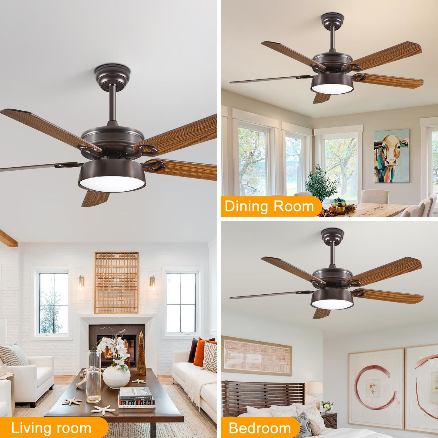 52 Inch Low Profile Ceiling Fans With Lights and Remote, LED Flush Mount Black Ceiling Fan with Quiet DC Motor, Dimmable 6 Speeds Reversible Modern Ceiling Fan for Bedroom, Living Room