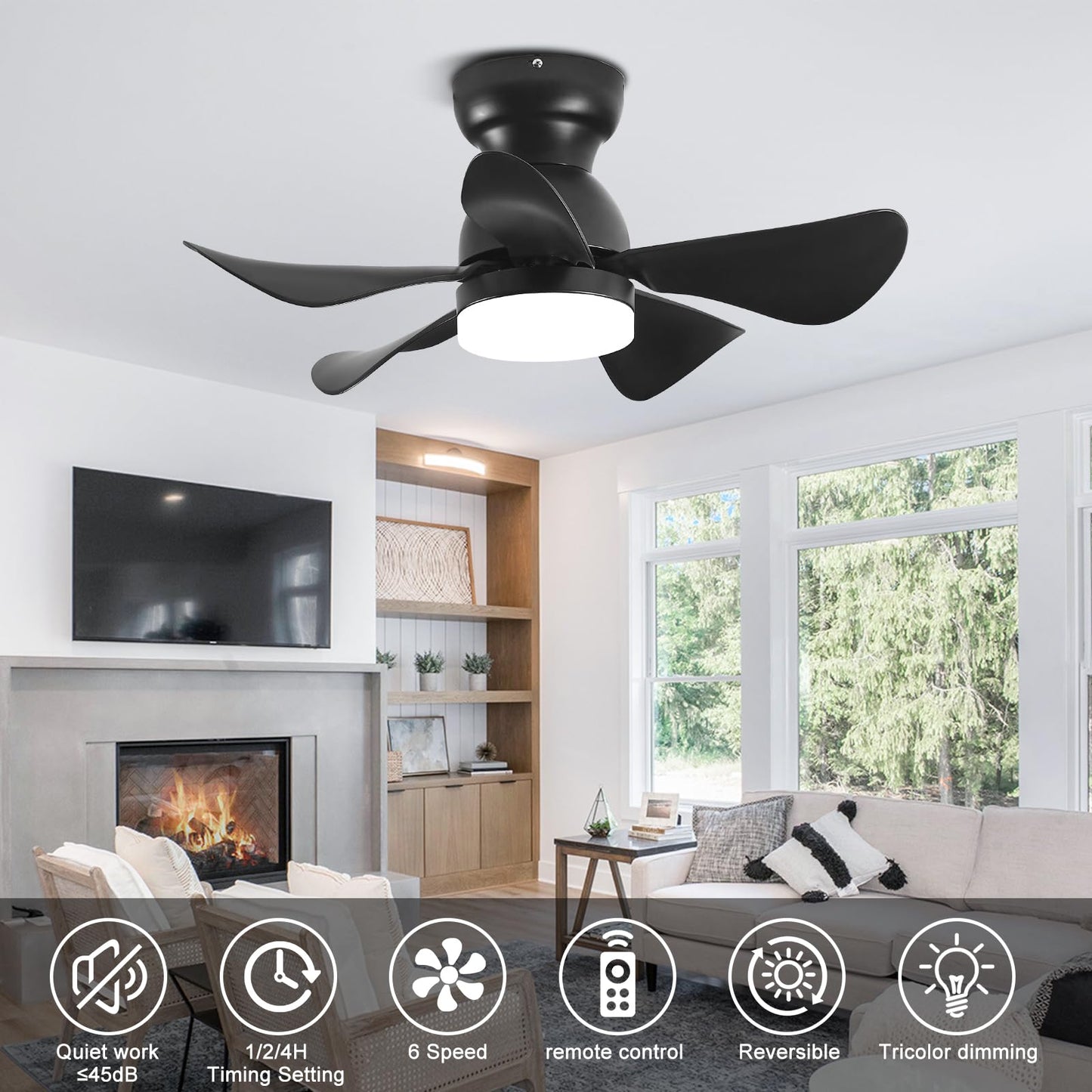 Modern Enclosed Ceiling Fan with Light Indoor with Remote Control, Black Caged Industrial Ceiling Fan Light Kit for Living Room, Bedroom, Kitchen