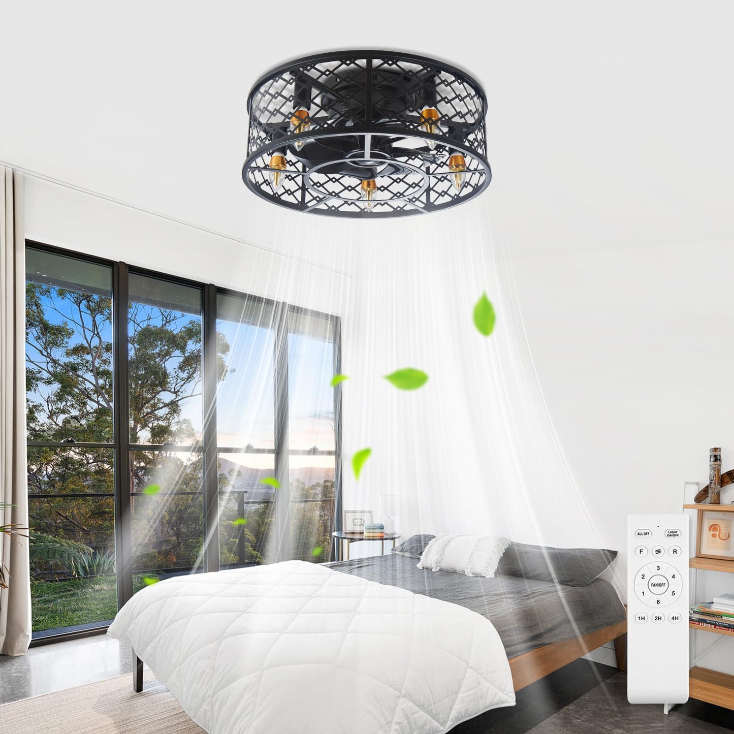 Modern Enclosed Ceiling Fan with Light Indoor with Remote Control, Black Caged Industrial Ceiling Fan Light Kit for Living Room, Bedroom, Kitchen