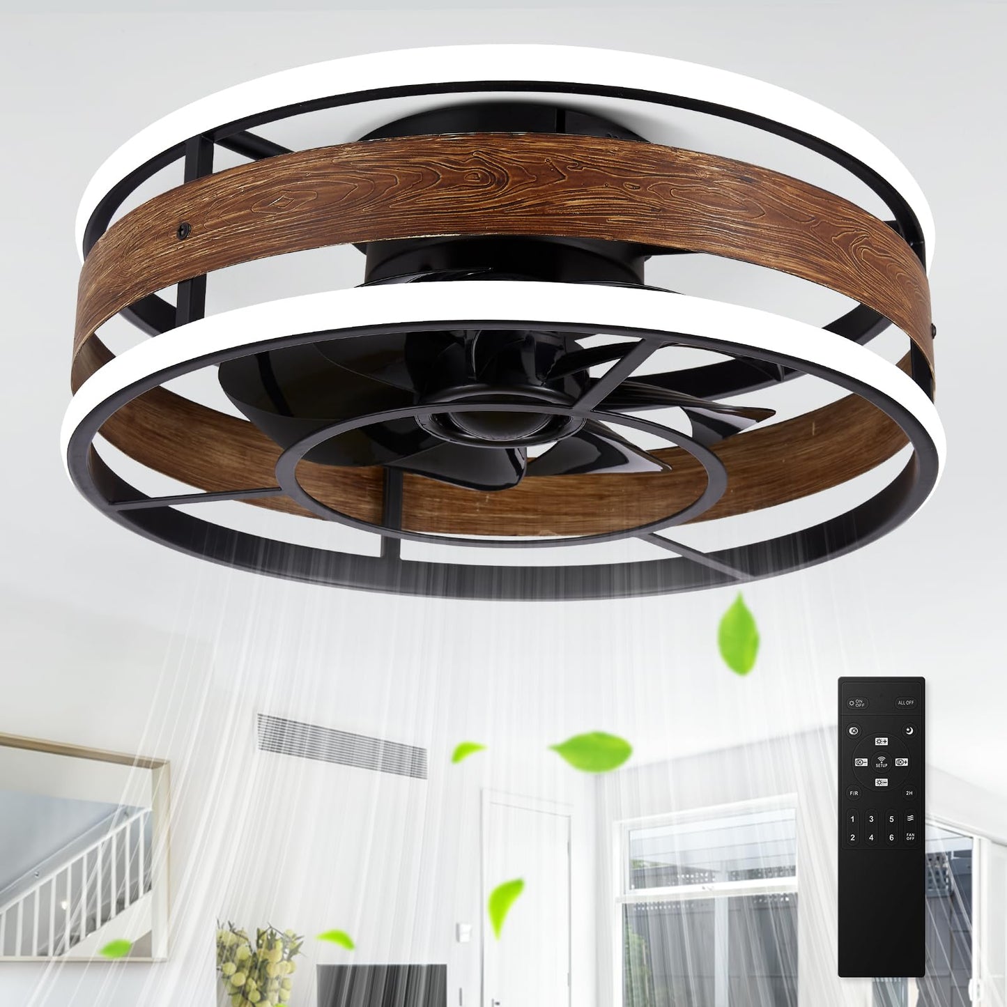 Modern Enclosed Ceiling Fan with Light Indoor with Remote Control, Black Caged Industrial Ceiling Fan Light Kit for Living Room, Bedroom, Kitchen Bedroom, Kitchen