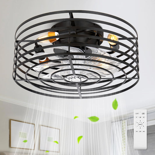 Modern Enclosed Ceiling Fan Indoor with Remote Control, Black Caged Industrial Ceiling Fan Light Kit for Living Room, Bedroom, Kitchen