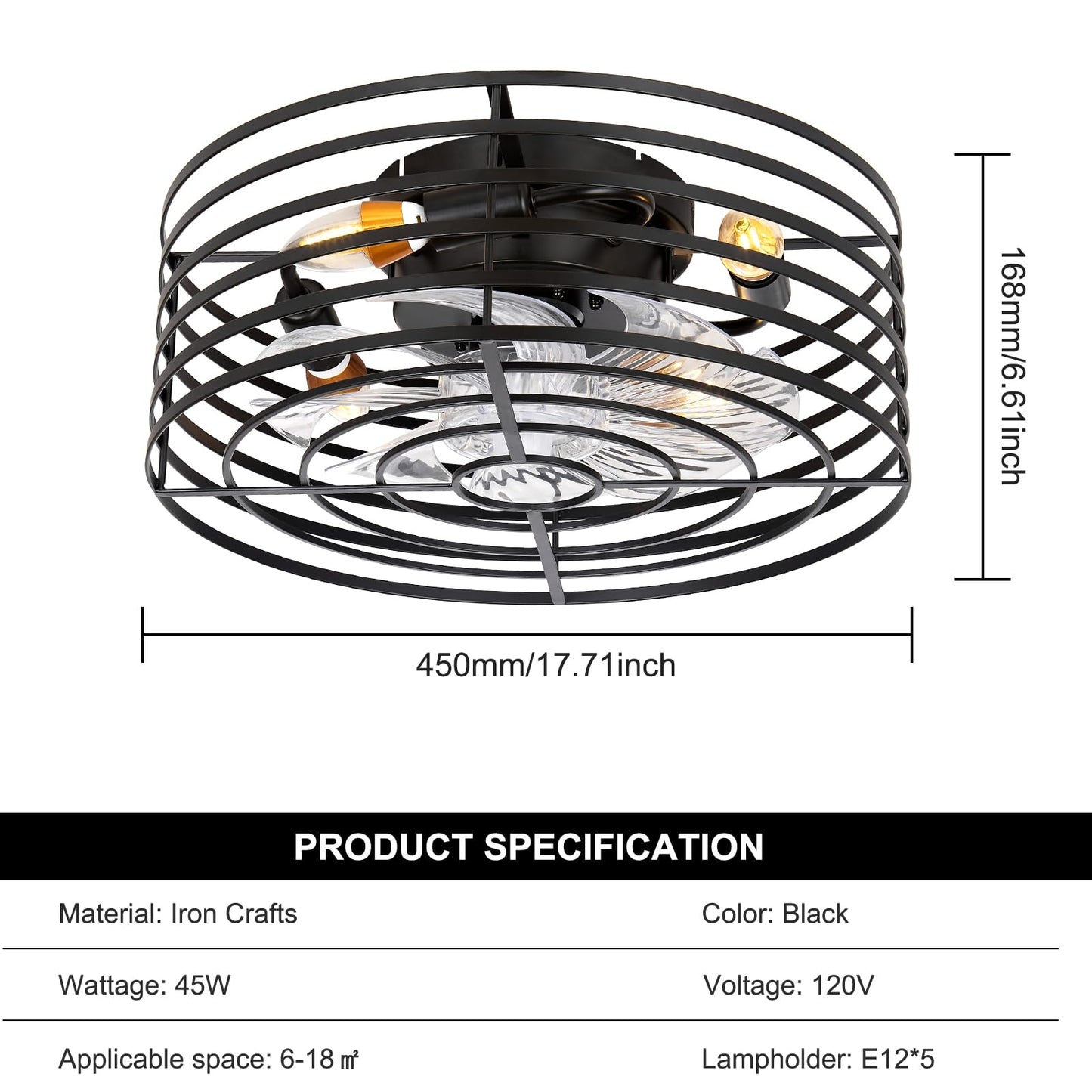 Modern Enclosed Ceiling Fan Indoor with Remote Control, Black Caged Industrial Ceiling Fan Light Kit for Living Room, Bedroom, Kitchen